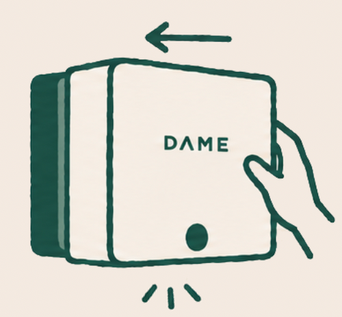 Stylised diagram showing DAME dispenser case sliding back on