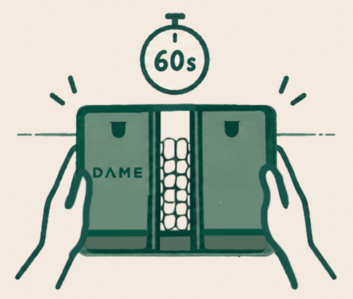 Stylised DAME dispenser installation diagram showing it being stuck to a wall for 60 seconds