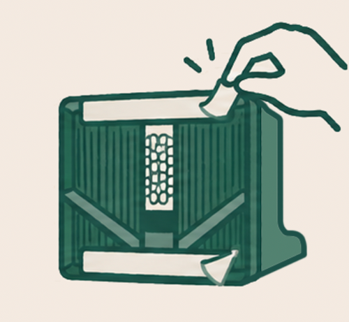 Stylised icon on back of a dAME dispenser showing peeling adhesive strips