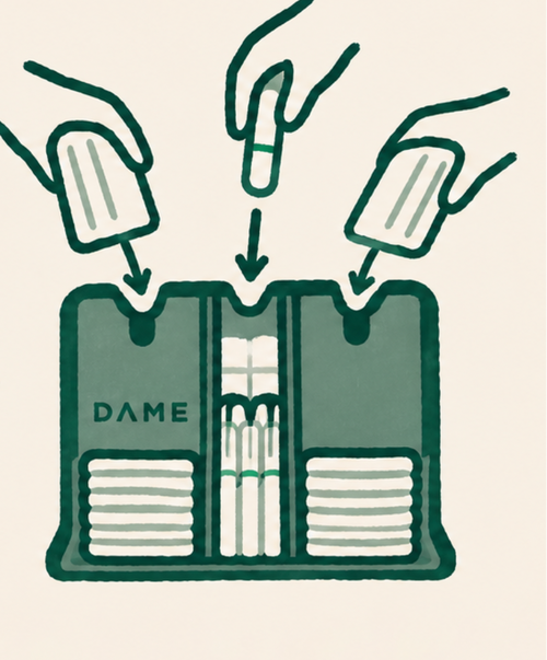 Illustrated product shot of a dark green makeup palette with three open hand areas above, showing applicators and cream products being loaded into the palette. The word DAME is printed on the left side.