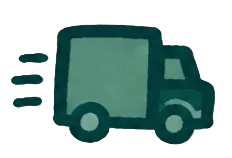 A simple illustrated teal delivery truck with motion lines on a light beige background.
