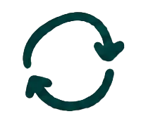 A dark teal circular recycling symbol with two arrows on a light beige background.